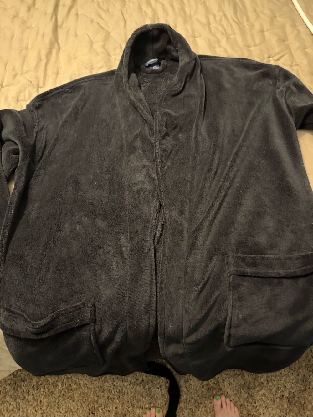 Men's Black Plush Fleece bathrobe.